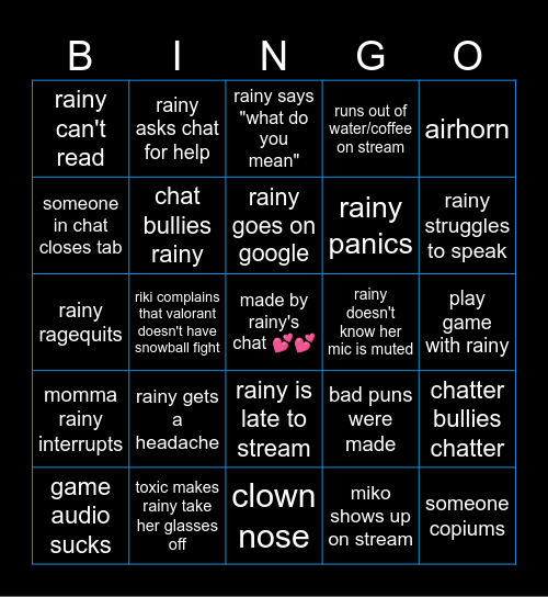 "roast rainy" bingo Card