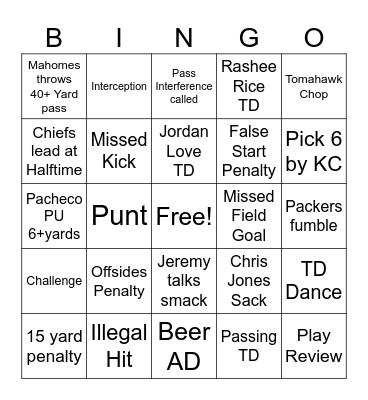 CHIEFS  VS PACKERS 2023 Bingo Card