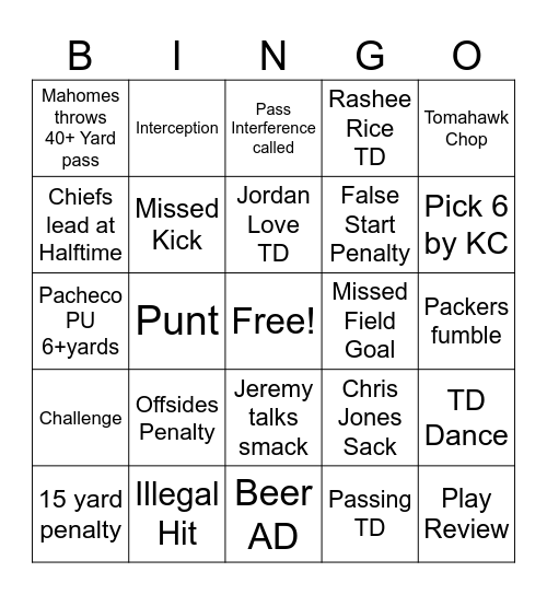 CHIEFS  VS PACKERS 2023 Bingo Card