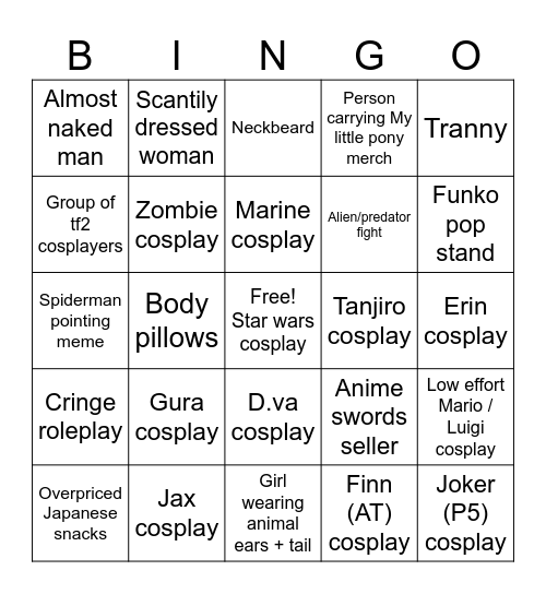 Comicon bingo Card