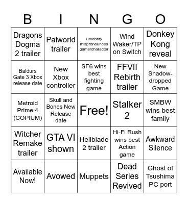 The Game Awards 2023 Bingo Card