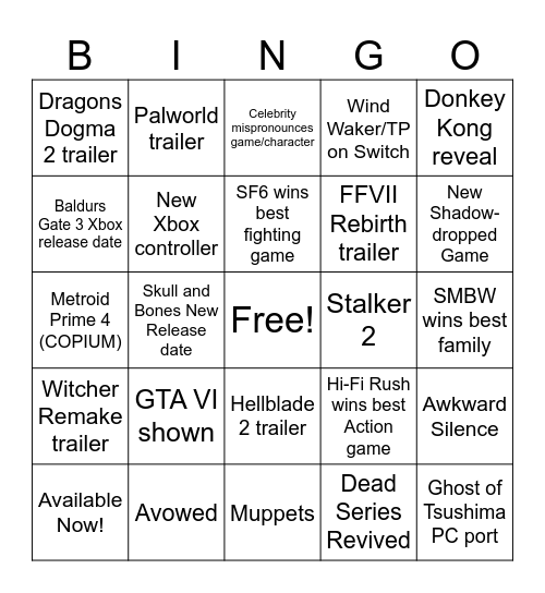 The Game Awards 2023 Bingo Card