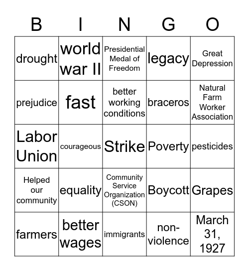Cesar Chavez Bingo Card
