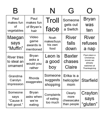 Arivett Family Christmas Bingo Card