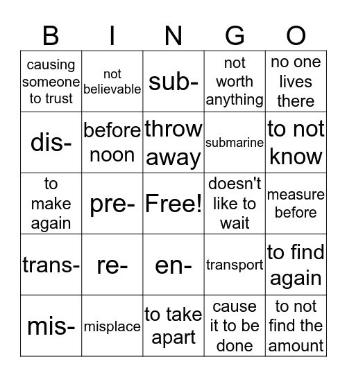 Prefix Bingo Card