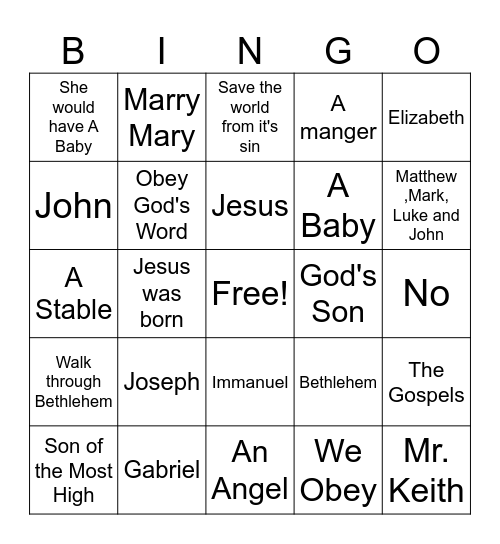 Angels visited Mary and Joseph Bingo Card