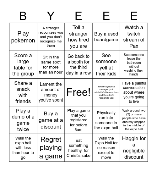 PAX Day 3 Bingo Card