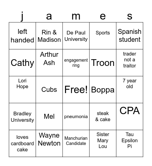 James 80th Birthday Bash Bingo Card