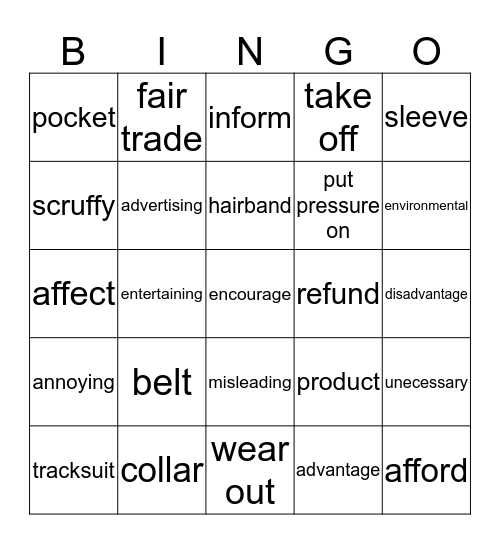 Fashion Bingo Card