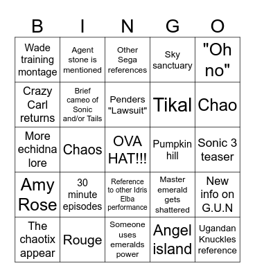 Knuckles paramount series prediction Bingo Card