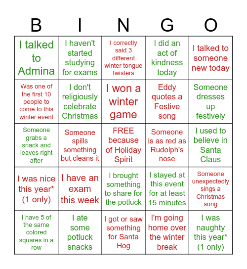 Winter MES Bingo Card