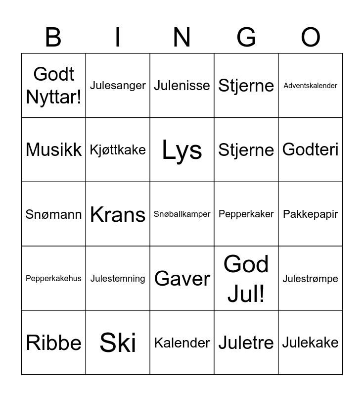 Norsk Jul Bingo Card