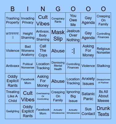 r/InsaneParents Bingo Card