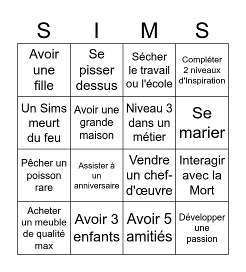 Bingo des Sims Bingo Card