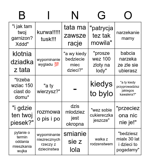 spotkanie rodzinne bingo Card