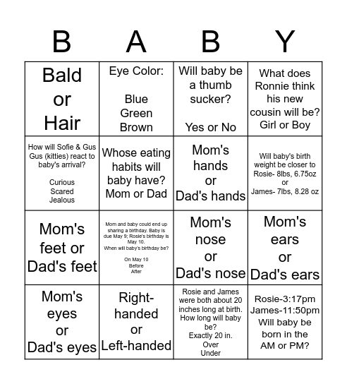 What Will Baby Be Like? Bingo Card