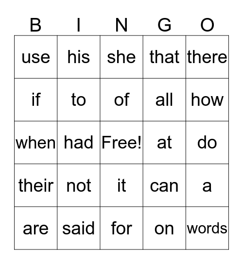 FRY'S FIRST 50 WORDS  Bingo Card