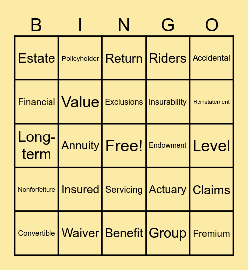 Insurance Bingo Card