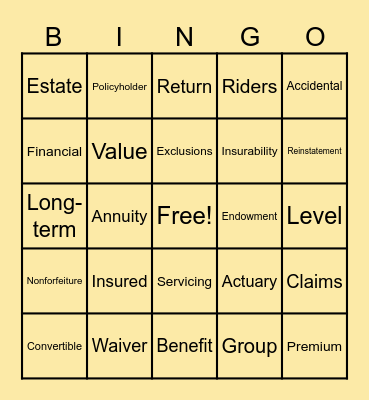 Insurance Bingo Card