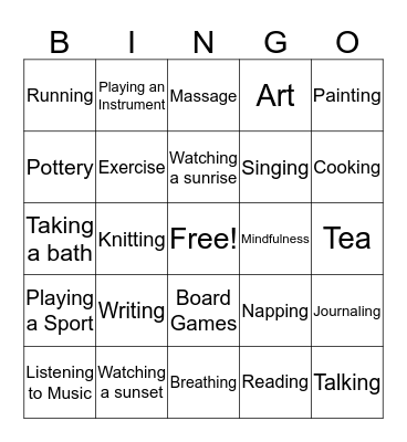 Relaxation Bingo Card