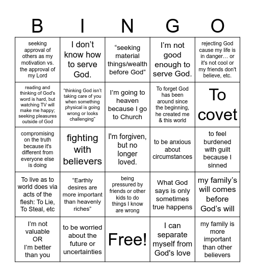 Temptations Bingo Card