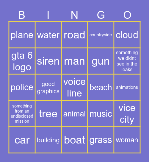 Guaranteed win GTA 6 trailer bingo Card