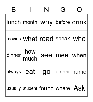 Vocabulary Bingo Card