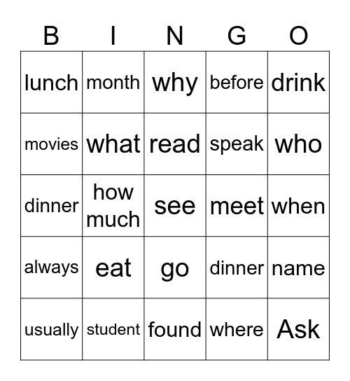 Vocabulary Bingo Card