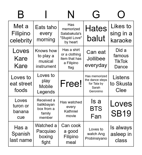 Ultimate Filipino Human Bingo Card