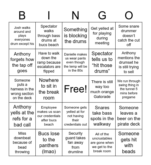 Bucs Game 12/3 Bingo Card