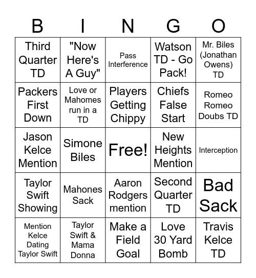 Packers - Taylor Swift Game Bingo Card