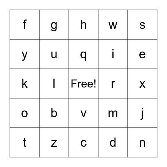 Lower Case Letters Bingo Card