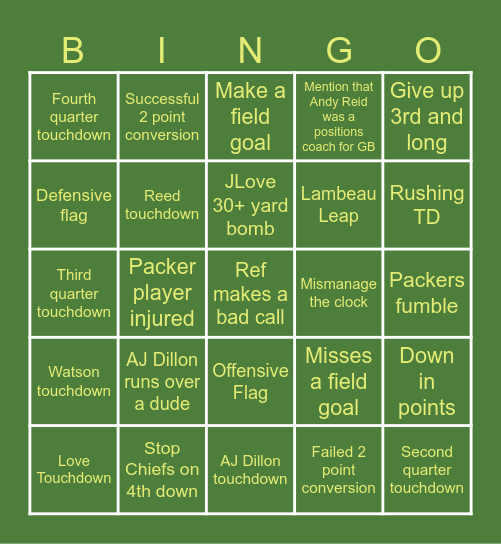 Packers Sunday Night Football Bingo Card