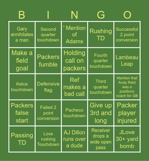 Packers Sunday Night Football Bingo Card