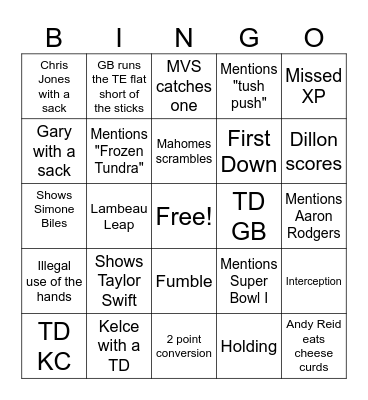 Packers Sunday Night Football Bingo Card