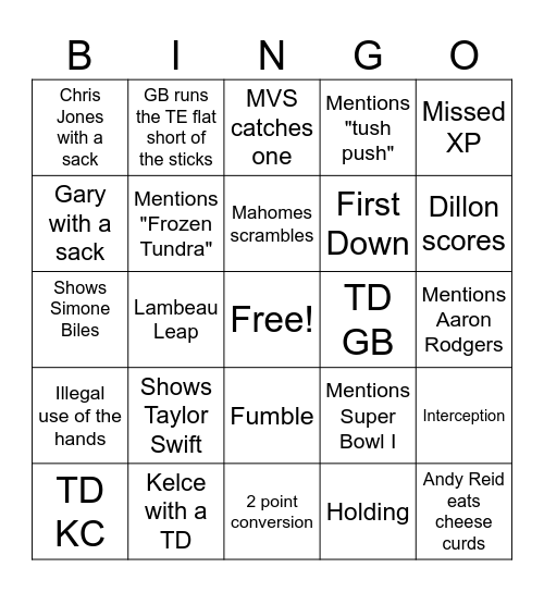 Packers Sunday Night Football Bingo Card