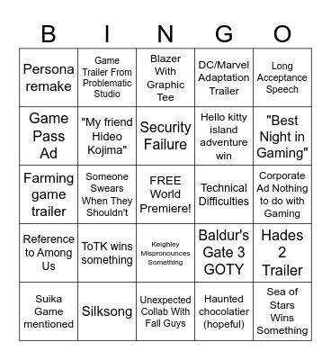 Game Awards 2023 Bingo Card