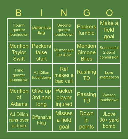 Packers Sunday Night Football Bingo Card