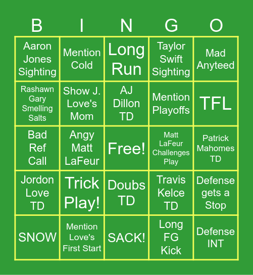 SNF: Packers Vs Chiefs Bingo Card