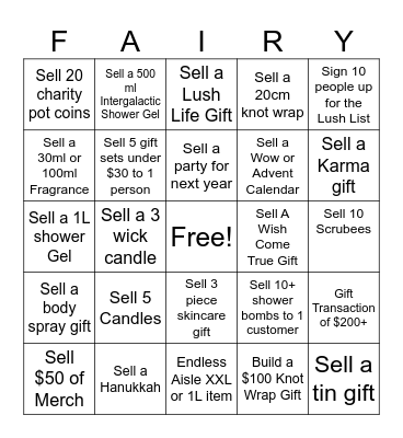 Lush December Selling Contest Bingo Card