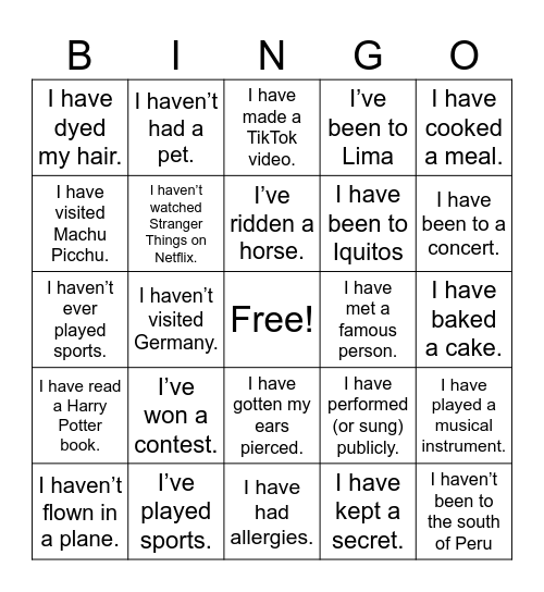 Present Perfect Bingo Card