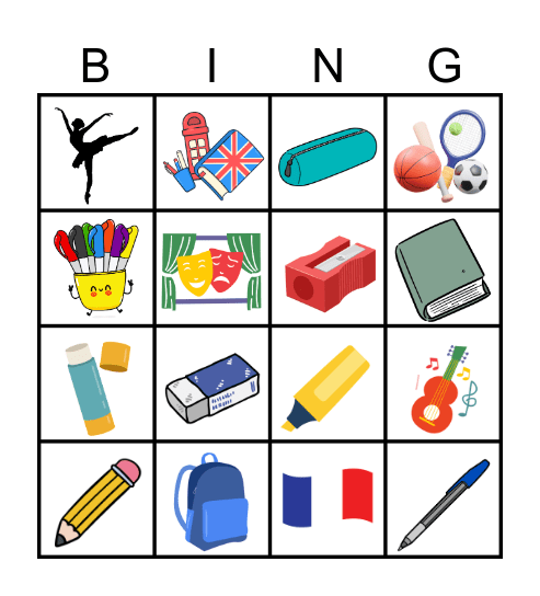 School supplies & subjects Bingo Card