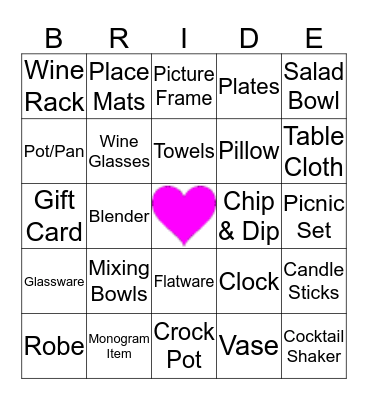 Tori's Bridal Shower Bingo Card