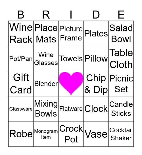 Tori's Bridal Shower Bingo Card