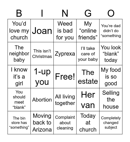 Mom Bingo Card