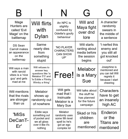 Will's DMing style bingo Card