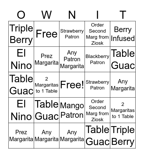 $6 Margaritas Bingo Card