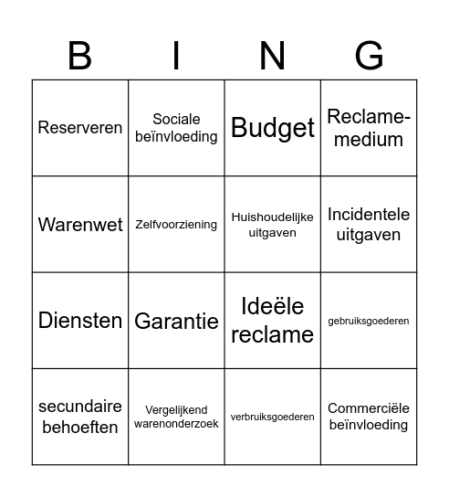 Begrippen Bingo 2TL Bingo Card