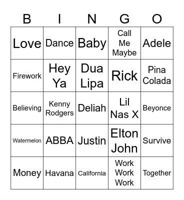 Musical Bingo Card