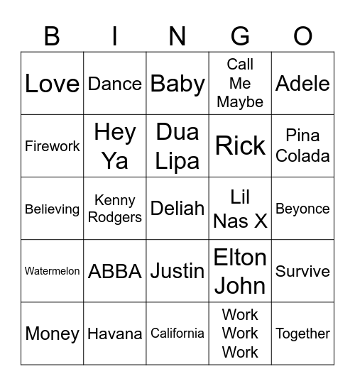 Musical Bingo Card